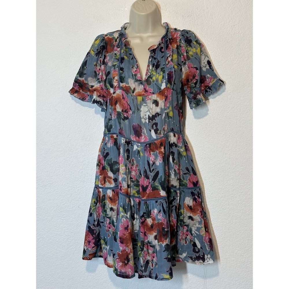 Sundance Annabelle Dress Floral Cotton Short Sleeve‎ Tiered Ruffle Blue  Small